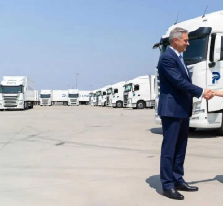 Logistics manager and client shaking hands in front of a modern transport hub