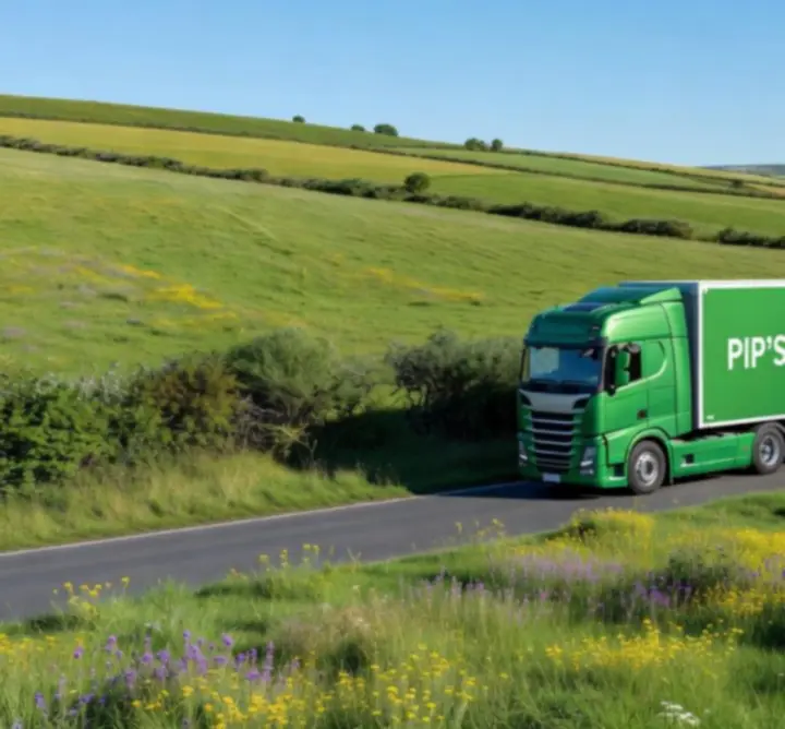 Eco-conscious freight truck travelling along a route with greenery