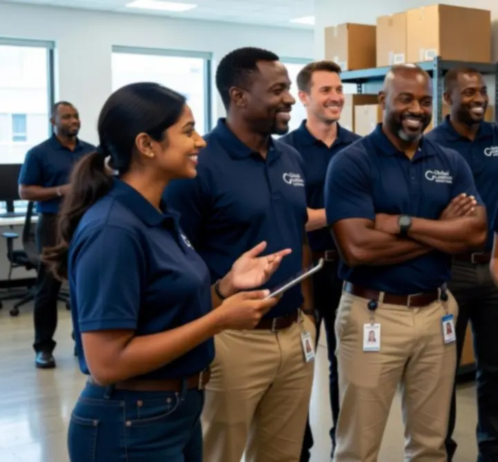 Logistics team collaborating in a modern operations office