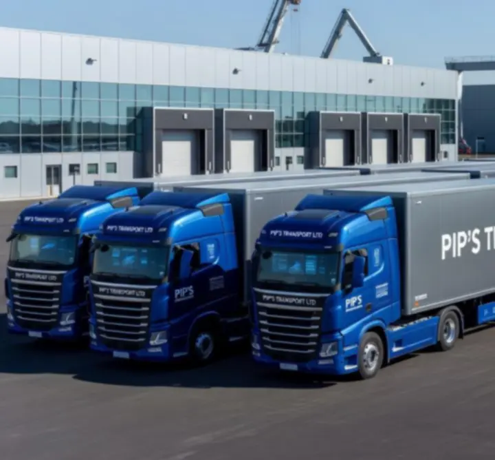 Row of modern blue and steel-grey articulated trucks in a logistics yard