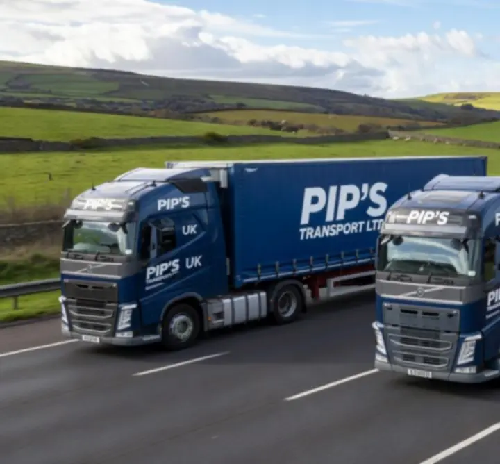 PIP’S TRANSPORT LTD fleet vehicles travelling on a UK road as part of coordinated logistics operations