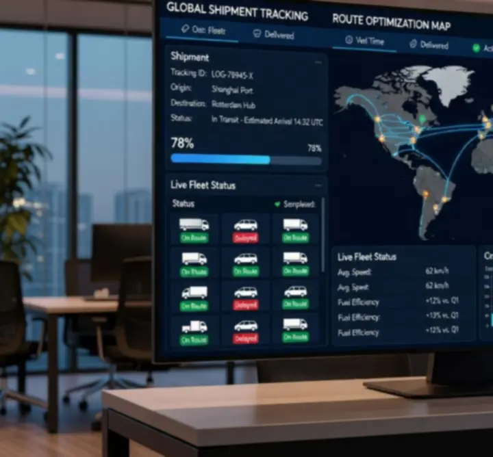 Logistics control dashboard displaying live transport and tracking data