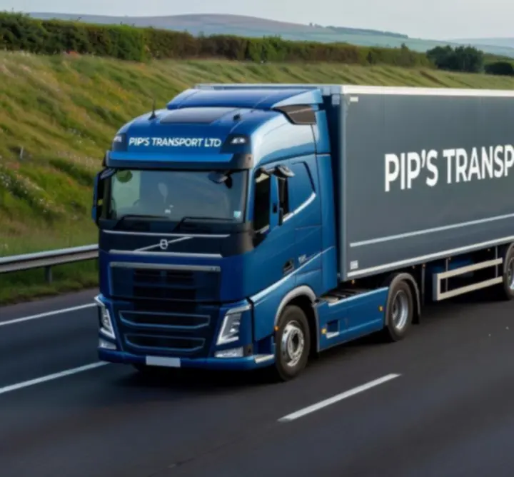 Modern freight trucks from PIP’S TRANSPORT LTD driving on a UK road