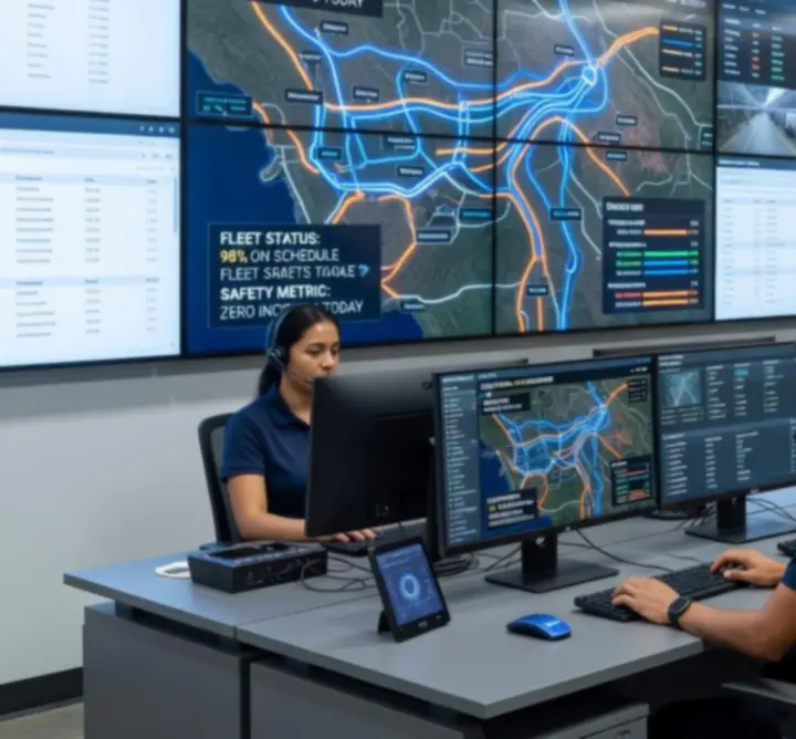 Modern logistics workplace with advanced fleet and operations technology